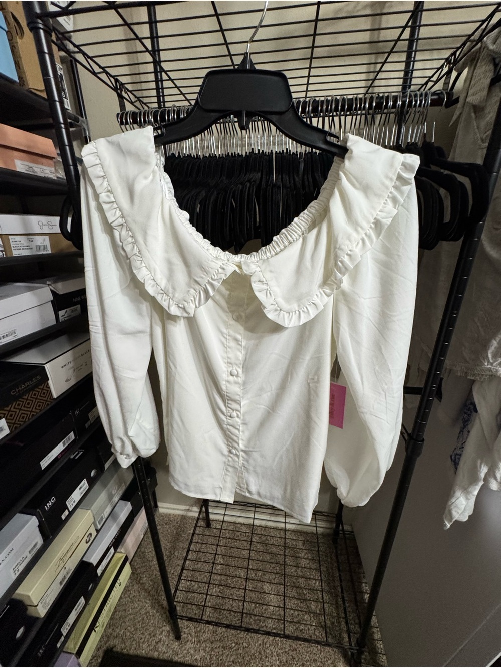 Riley & Rae Cream Ruffle Collar Button-Front Blouse - Picture 2 of 5